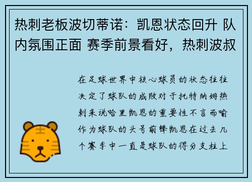 热刺老板波切蒂诺：凯恩状态回升 队内氛围正面 赛季前景看好，热刺波叔去哪了