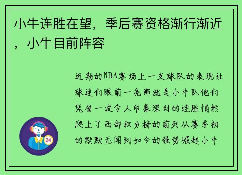 小牛连胜在望，季后赛资格渐行渐近，小牛目前阵容
