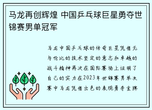 马龙再创辉煌 中国乒乓球巨星勇夺世锦赛男单冠军
