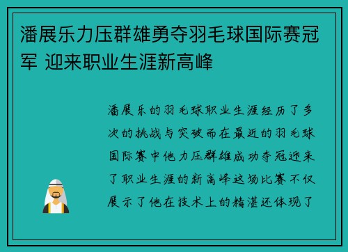 潘展乐力压群雄勇夺羽毛球国际赛冠军 迎来职业生涯新高峰