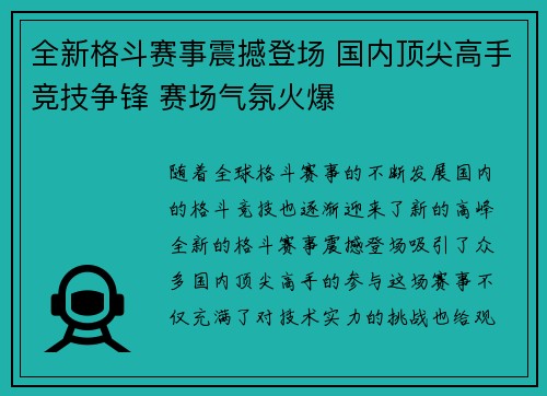 全新格斗赛事震撼登场 国内顶尖高手竞技争锋 赛场气氛火爆