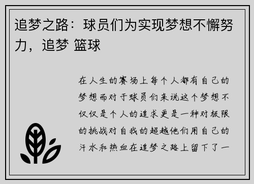 追梦之路:球员们为实现梦想不懈努力,追梦 篮球